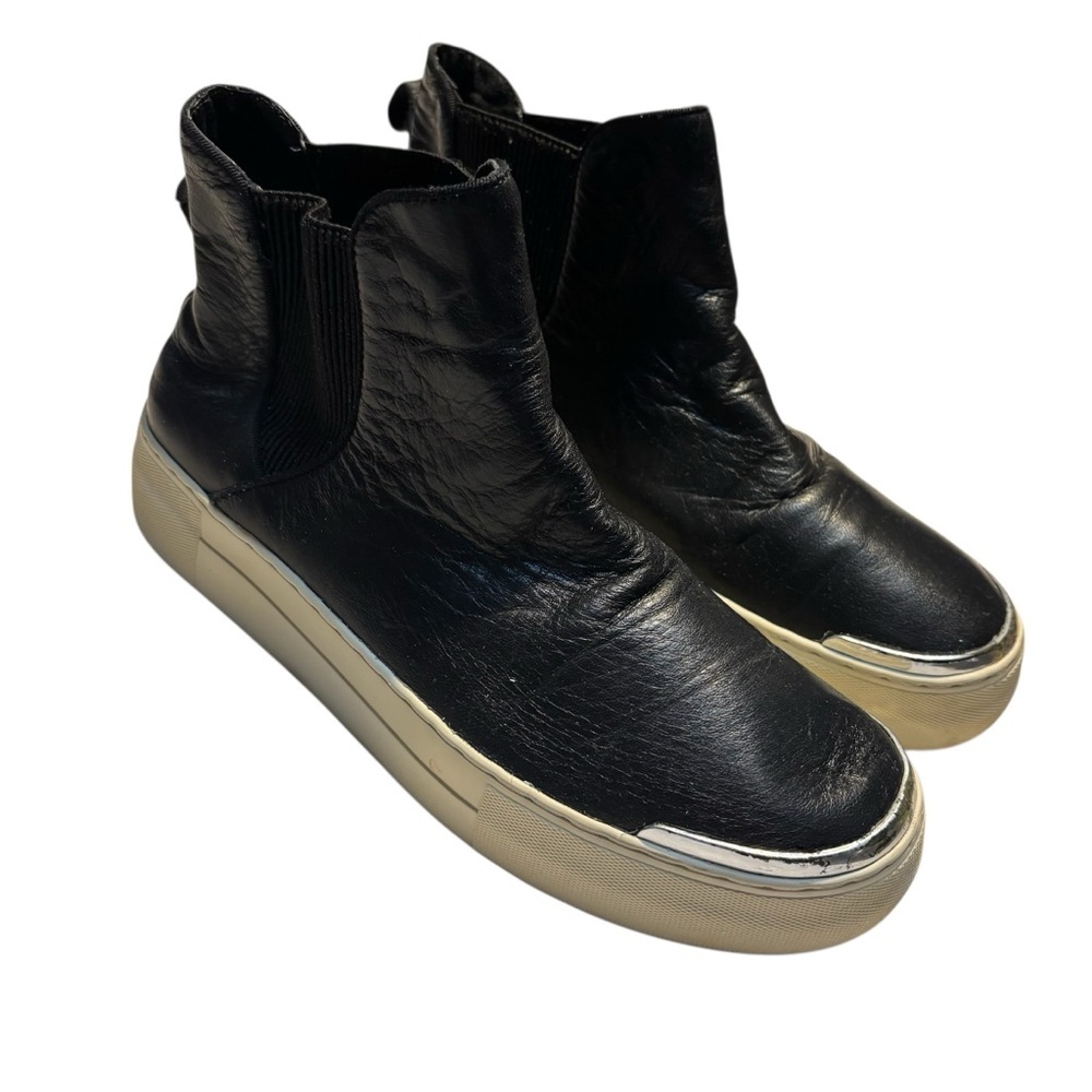 J/SLIDES Palia Sneaker Boots Sz 8 Black Leather High-Top Sneakers White Pull-On